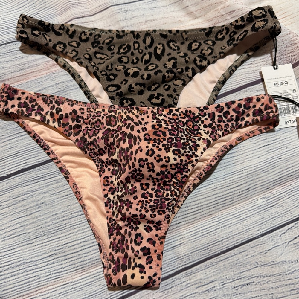 Shade & Shore Two-Pack Leopard Bikini Bottoms in Pink & Olive
